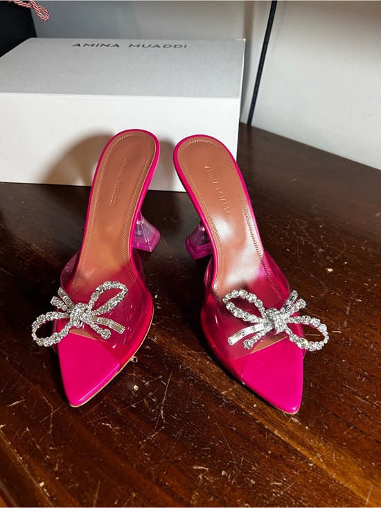 Amina Muaddi Shoes - Amina Muaddi Hot Pink Crystal Bow PVC Mules